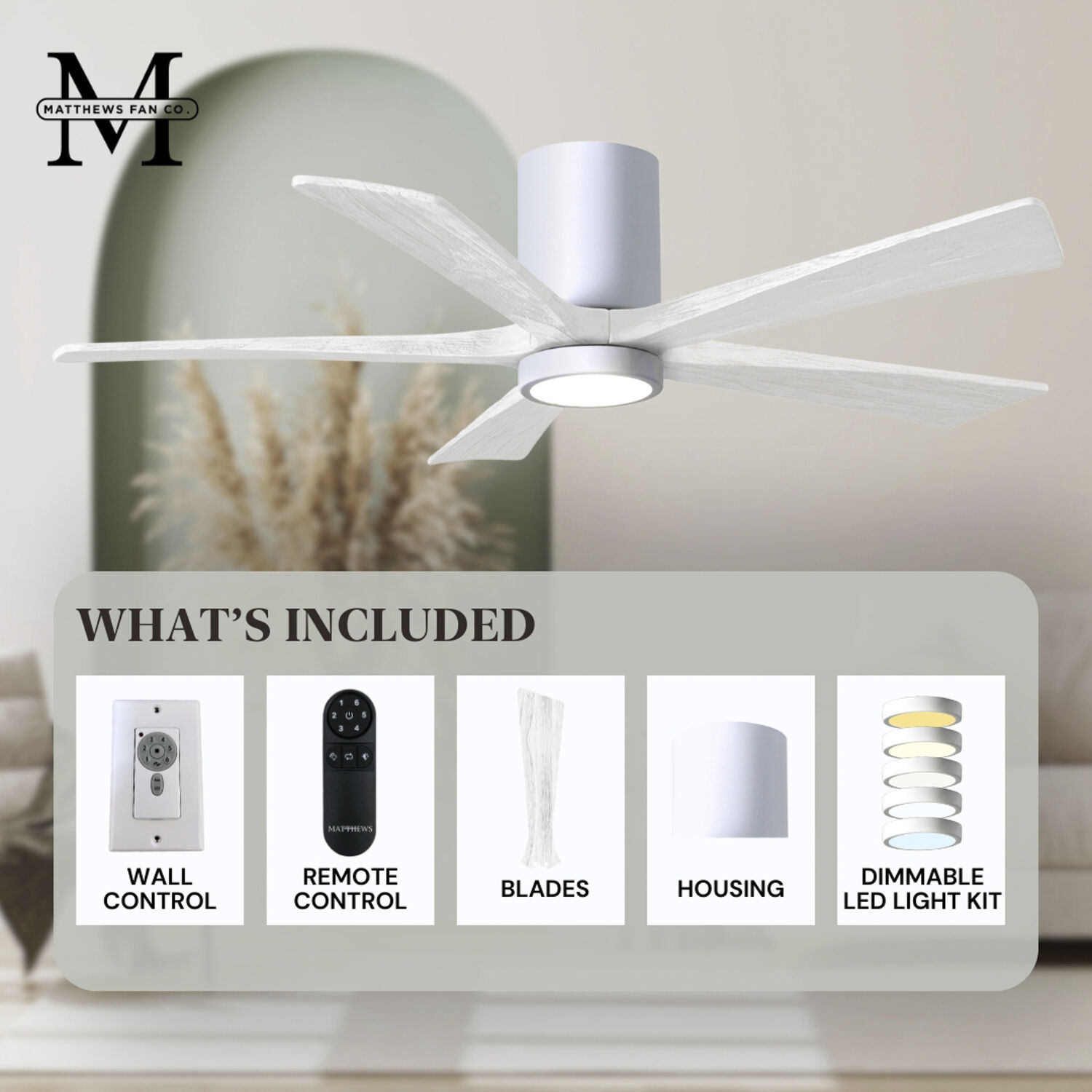 Atlas Irene-5HLK 42 inch Gloss White with Matte White Blades Flush Mount Paddle Fan, Flush Mounted